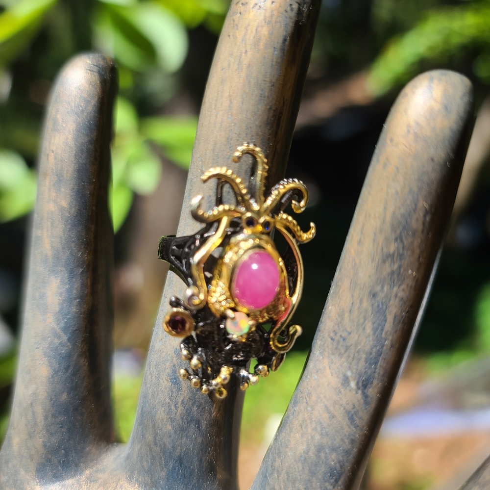 Star Ruby Opal & Garnet sterling rhodium & gold ring sz7 - Picture 6 of 8